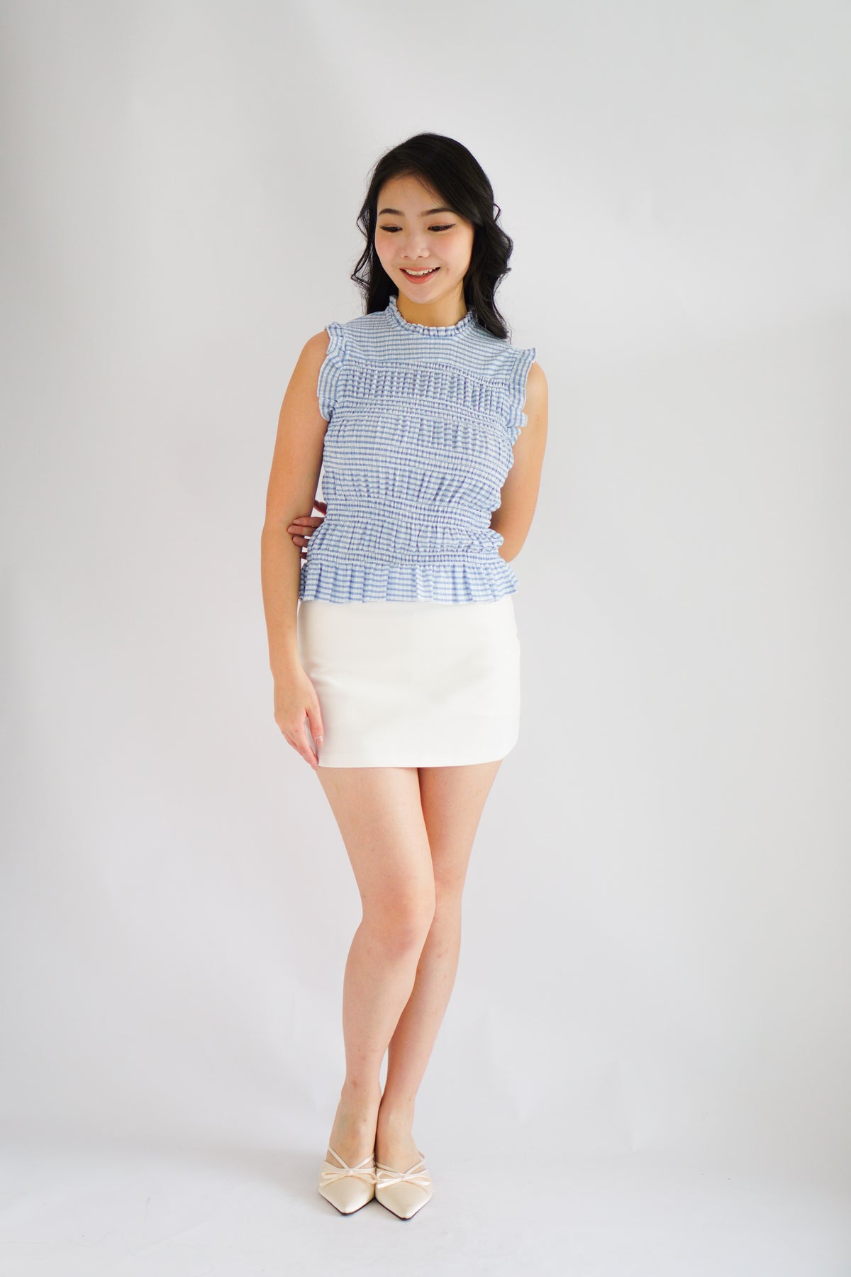 Carcy Gingham Smocked Top in Blue