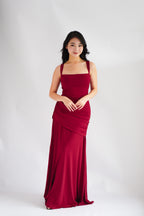 Waverly Ruched Drape Crossback Maxi Dress in Maroon