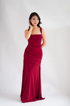 Waverly Ruched Drape Crossback Maxi Dress in Maroon
