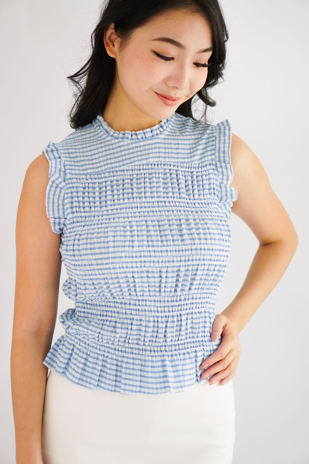 Carcy Gingham Smocked Top in Blue
