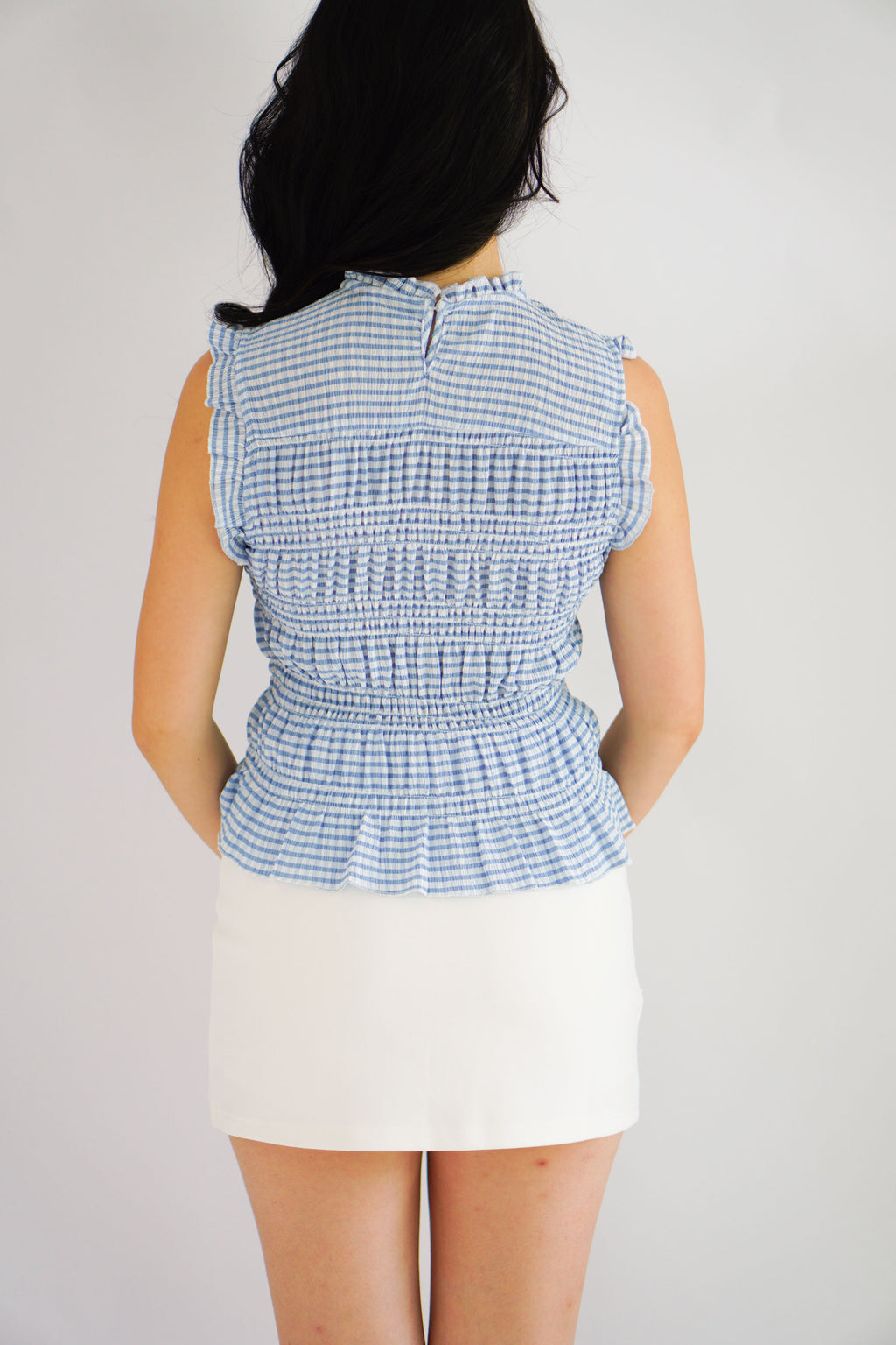 Carcy Gingham Smocked Top in Blue