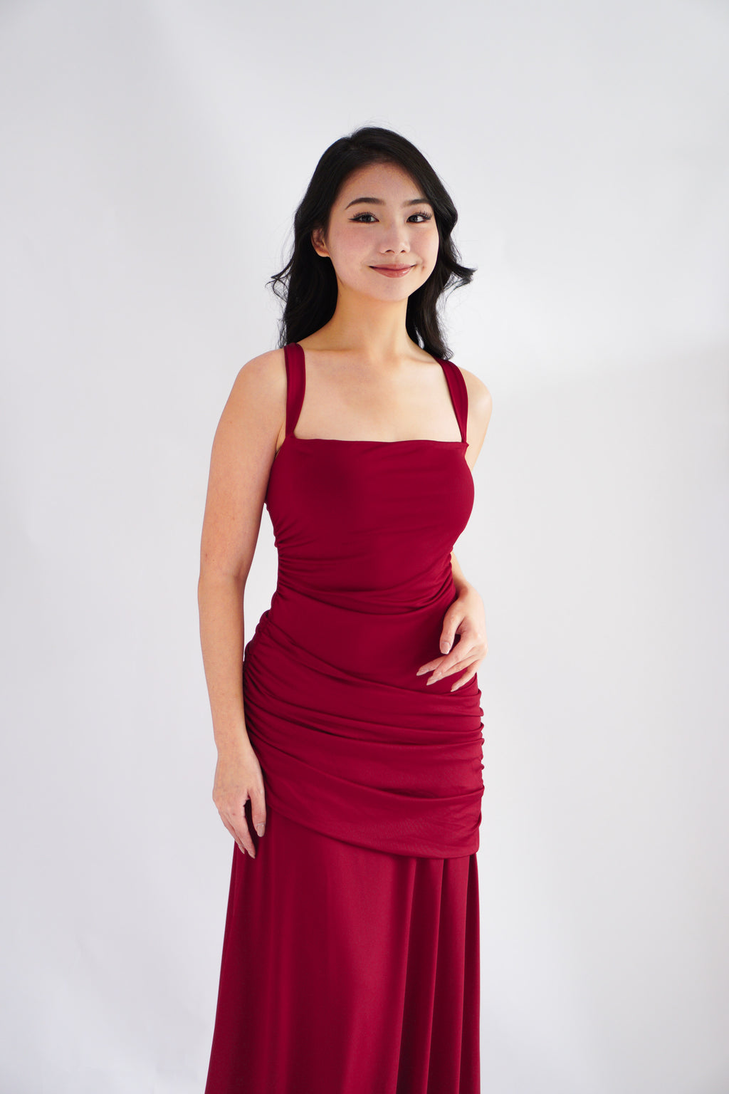 Waverly Ruched Drape Crossback Maxi Dress in Maroon
