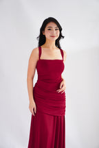 Waverly Ruched Drape Crossback Maxi Dress in Maroon