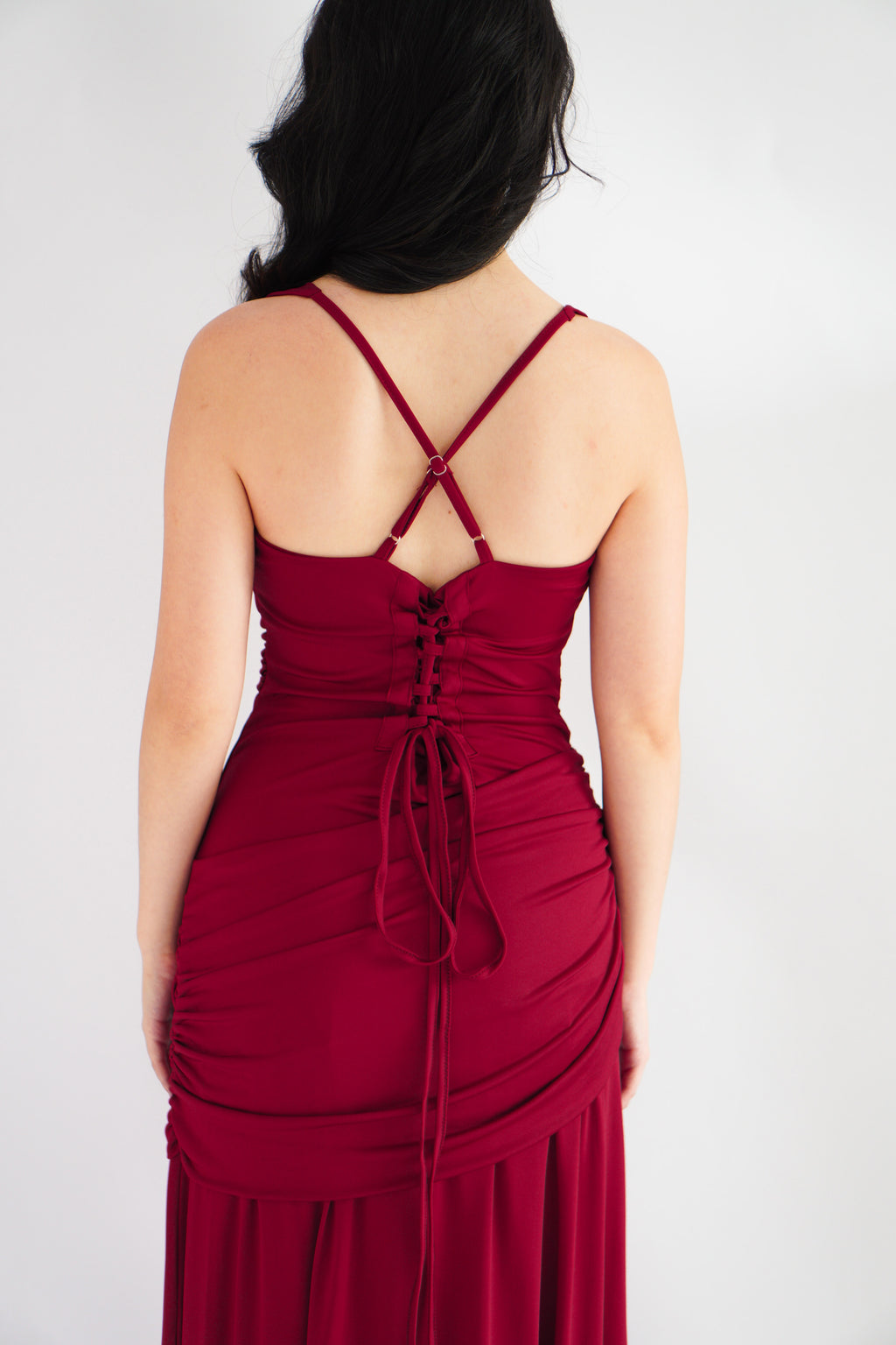 Waverly Ruched Drape Crossback Maxi Dress in Maroon