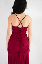 Waverly Ruched Drape Crossback Maxi Dress in Maroon