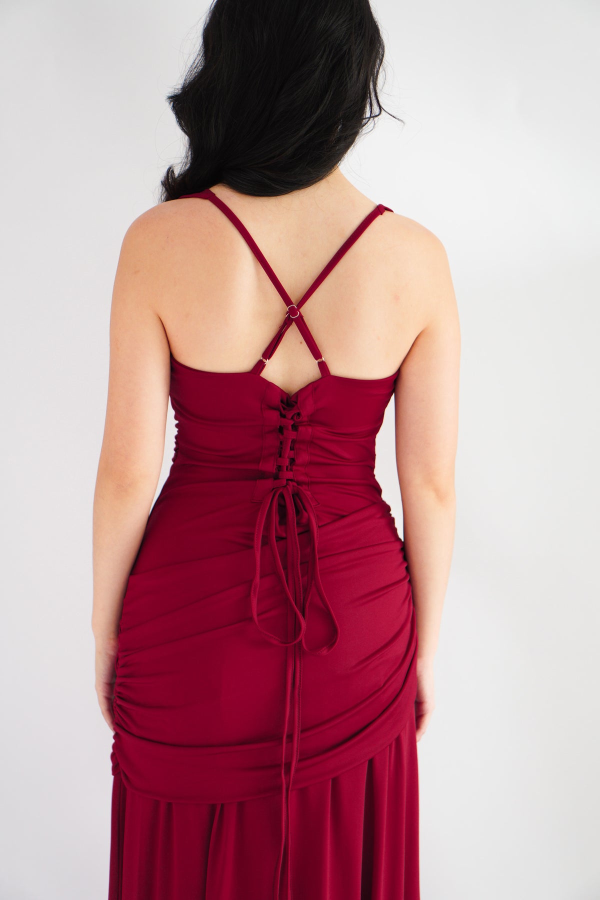 Waverly Ruched Drape Crossback Maxi Dress in Maroon