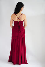Waverly Ruched Drape Crossback Maxi Dress in Maroon