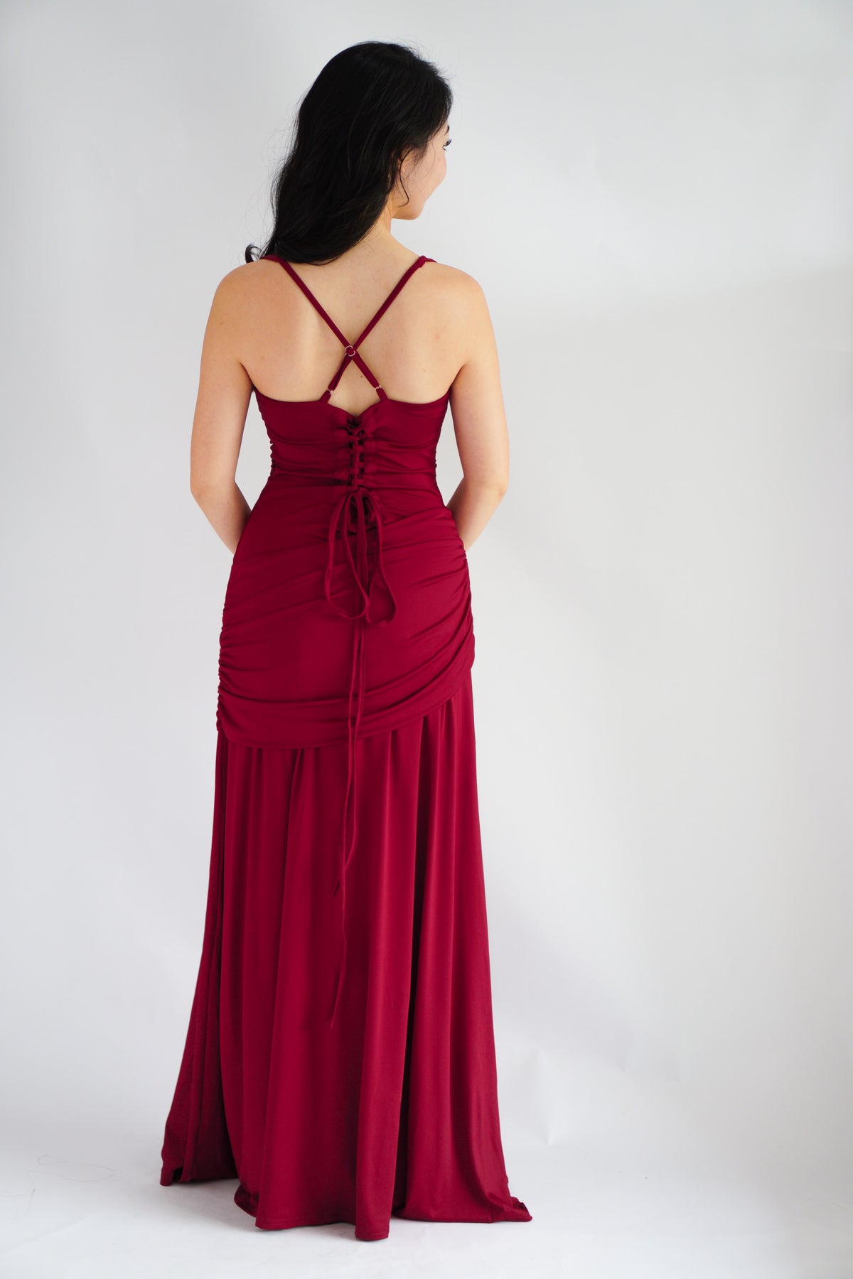 Waverly Ruched Drape Crossback Maxi Dress in Maroon