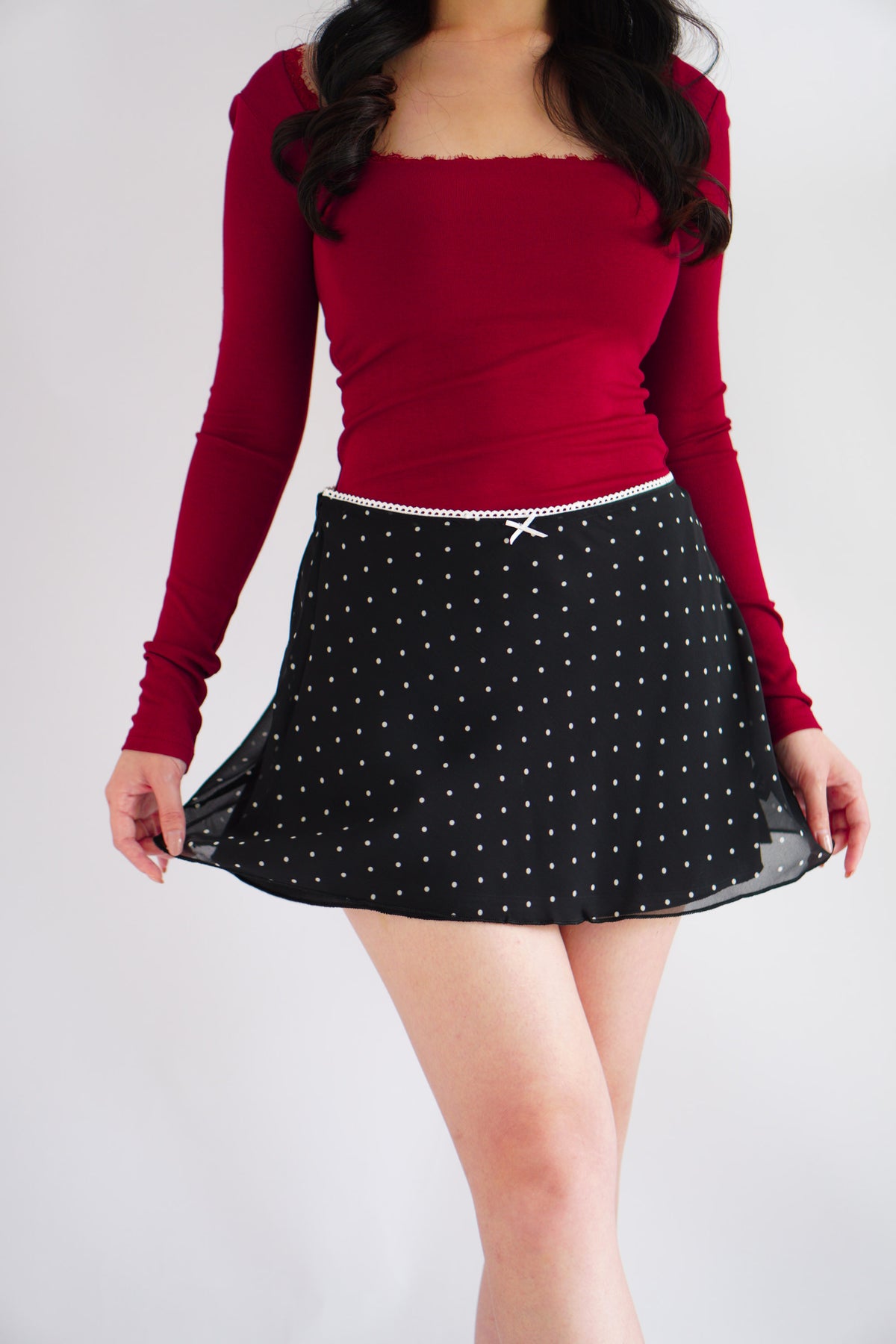 Clovy Chiffon Polkadot Mini Skirt in Black