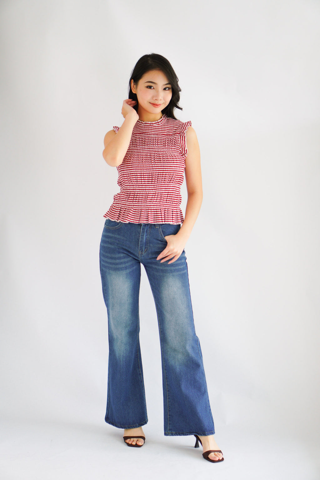 Carcy Gingham Smocked Top in Red