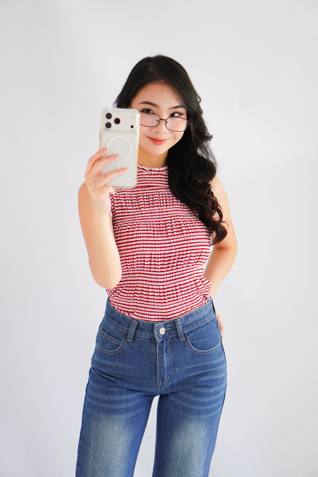 Carcy Gingham Smocked Top in Red