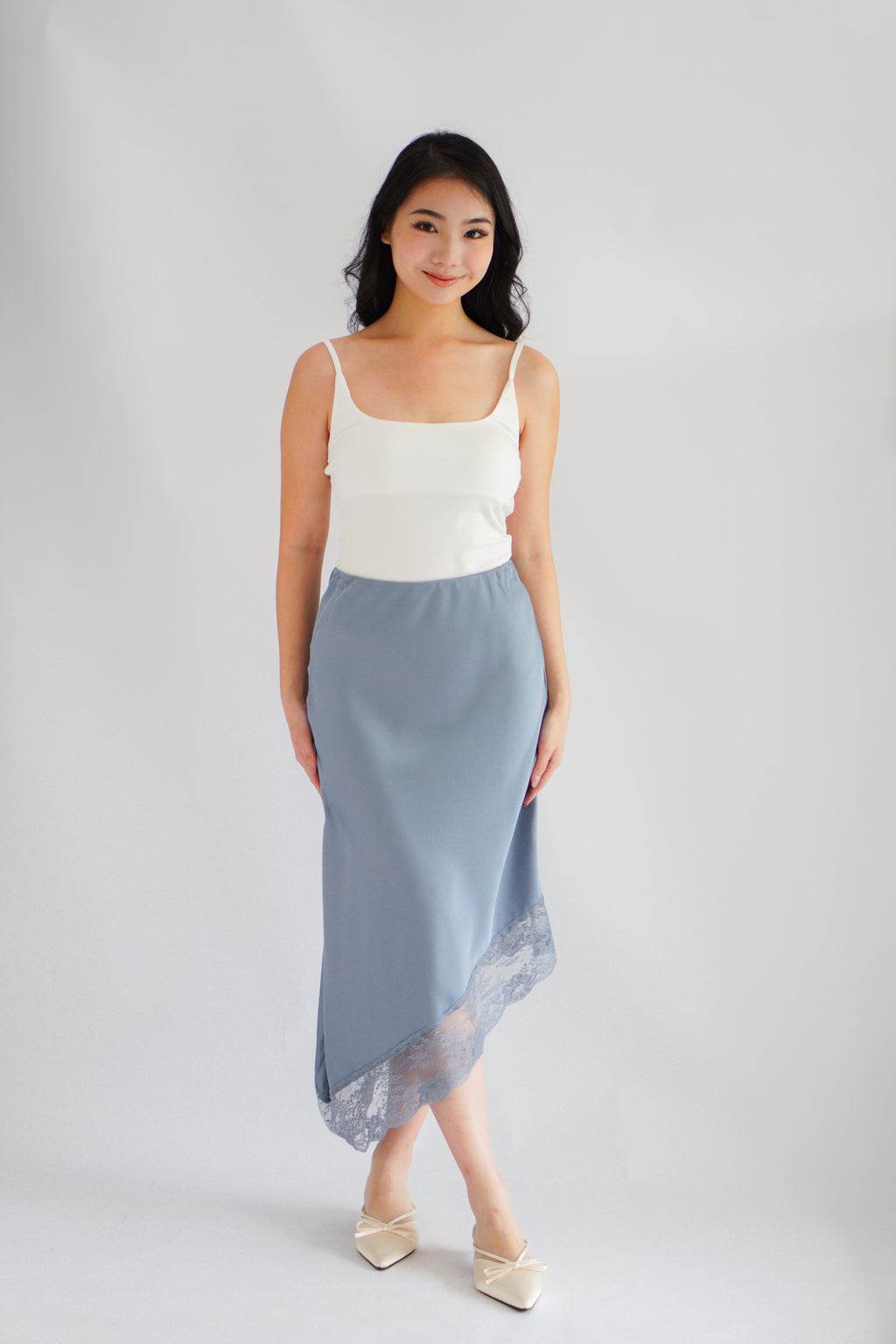 Emilie Asymmetrical Lace Satin Skirt in Blue