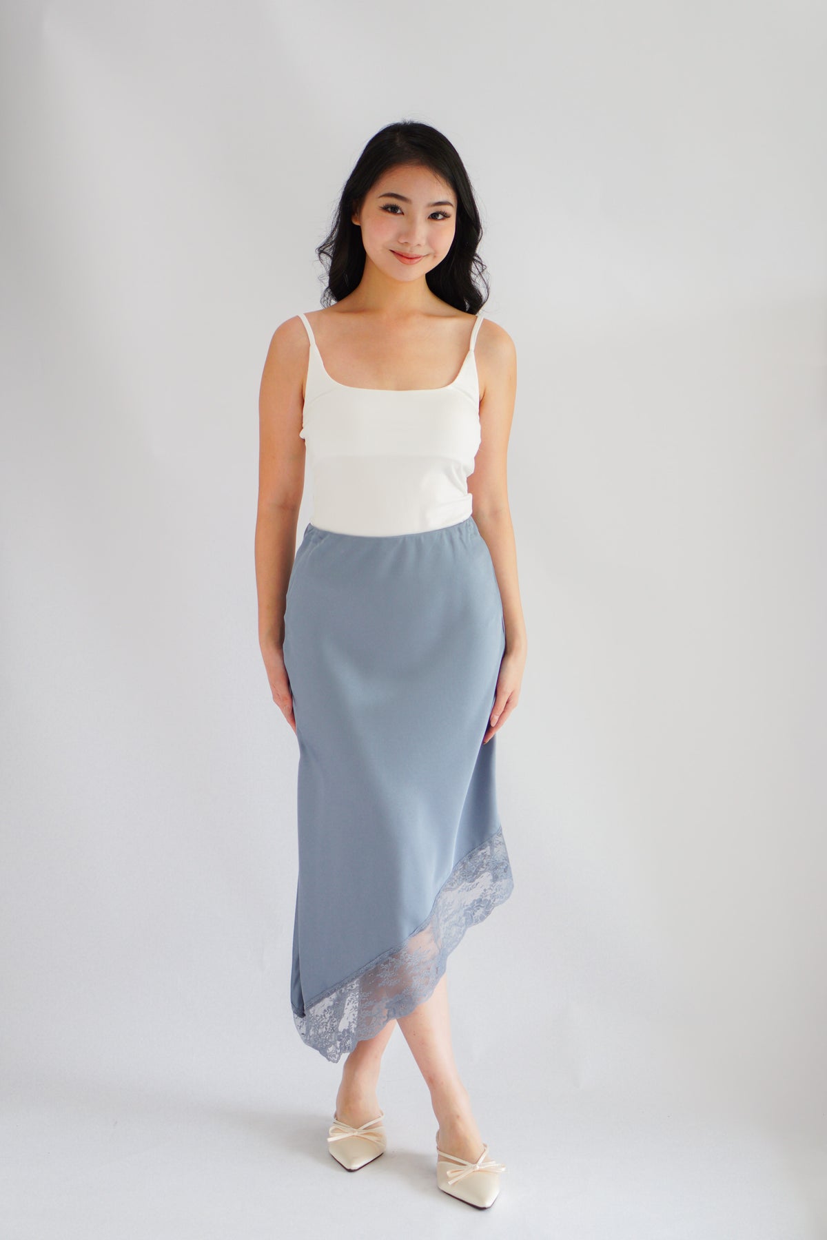 Emilie Asymmetrical Lace Satin Skirt in Blue