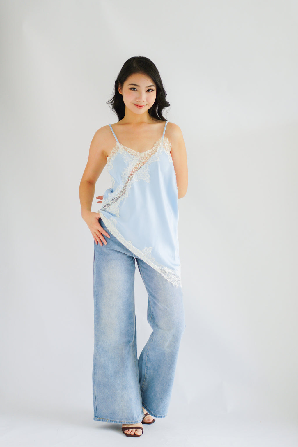 Zanara Asymmetrical Lace Camisole Top in Blue
