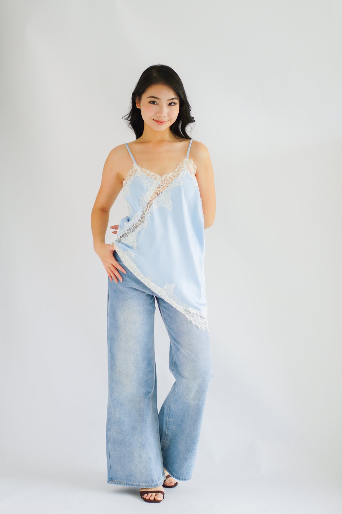 Zanara Asymmetrical Lace Camisole Top in Blue