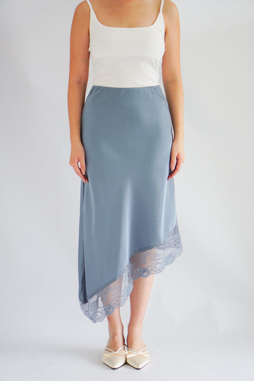 Emilie Asymmetrical Lace Satin Skirt in Blue
