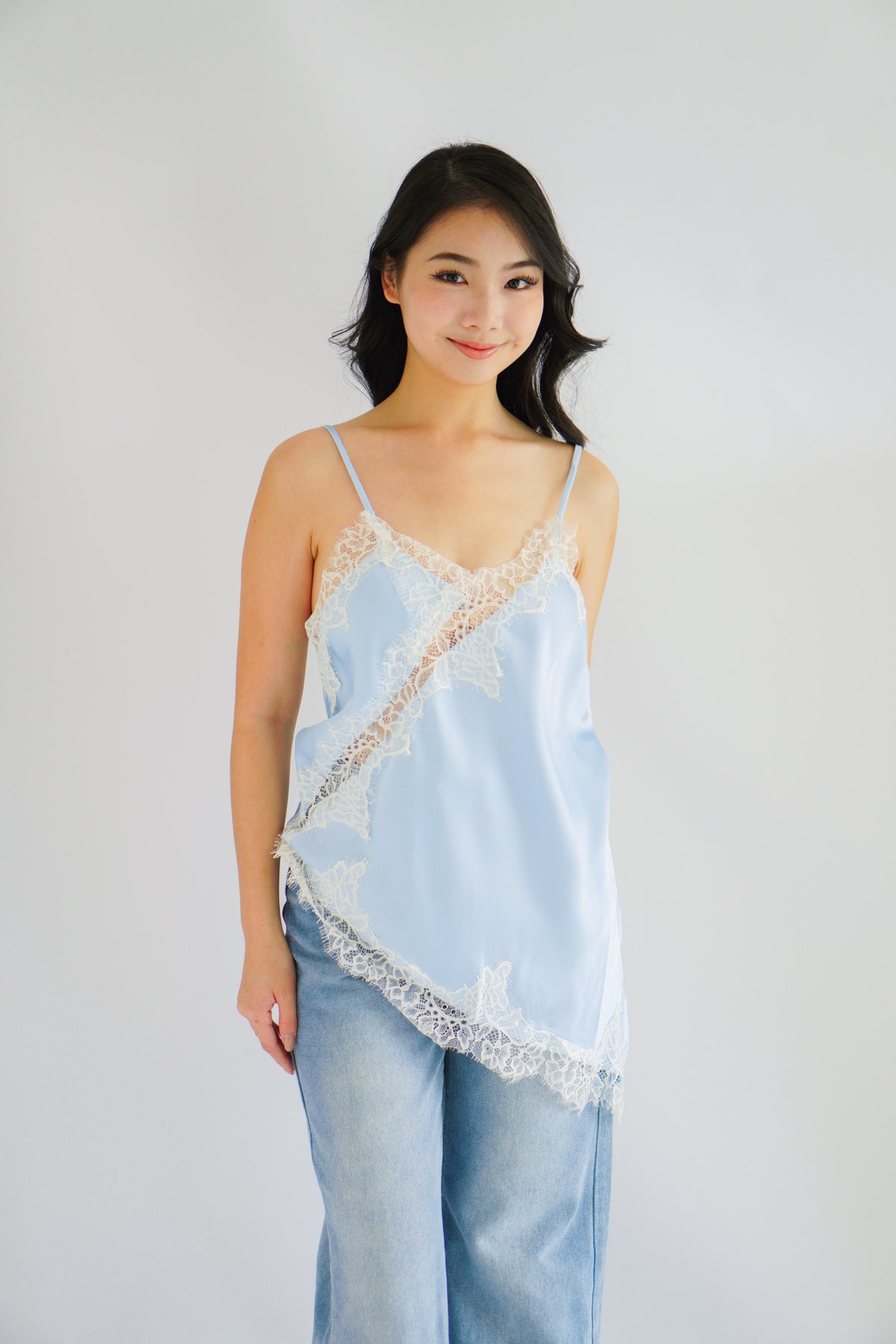 Zanara Asymmetrical Lace Camisole Top in Blue