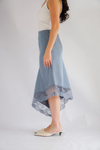 Emilie Asymmetrical Lace Satin Skirt in Blue