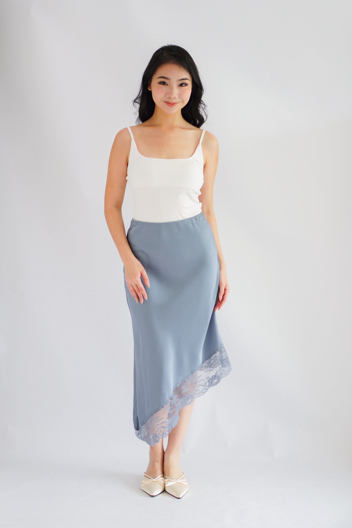 Emilie Asymmetrical Lace Satin Skirt in Blue