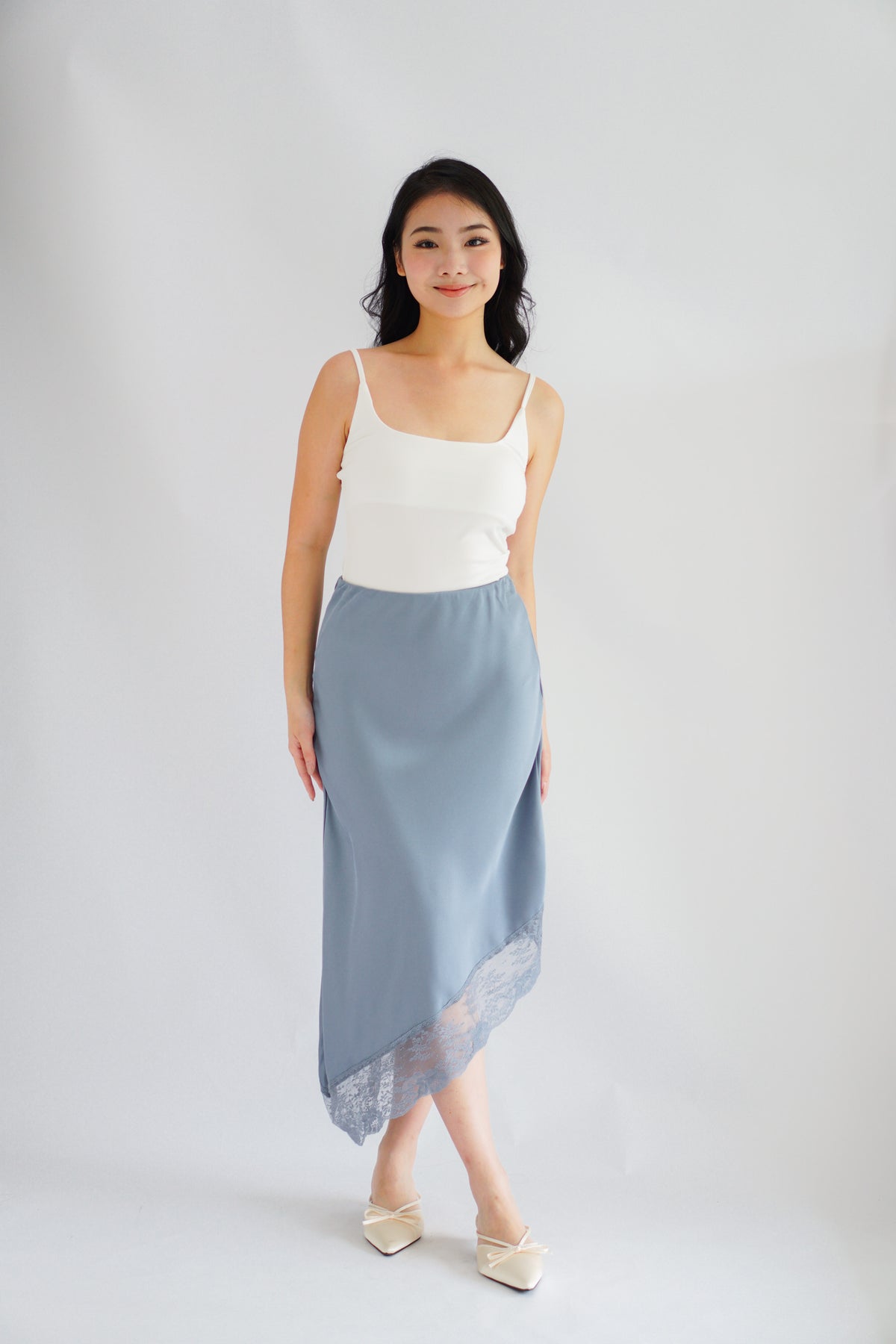 Emilie Asymmetrical Lace Satin Skirt in Blue