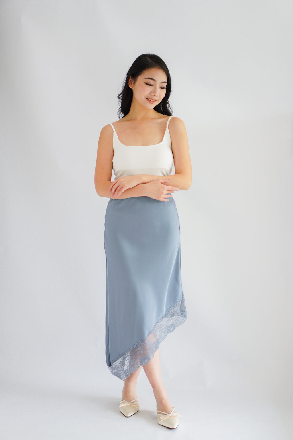 Emilie Asymmetrical Lace Satin Skirt in Blue