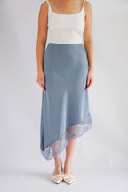 Emilie Asymmetrical Lace Satin Skirt in Blue