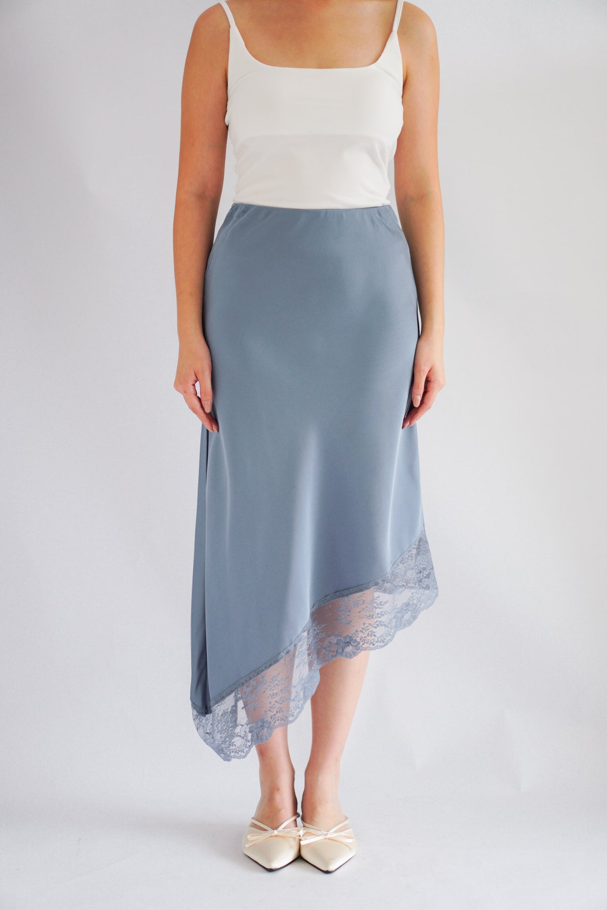 Emilie Asymmetrical Lace Satin Skirt in Blue