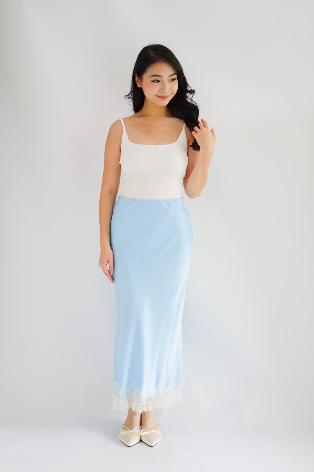 Zilana Lace Satin Skirt in Blue