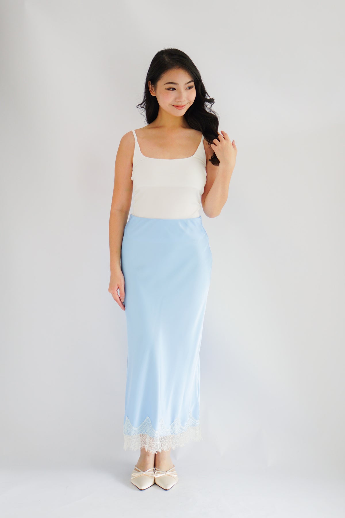 Zilana Lace Satin Skirt in Blue