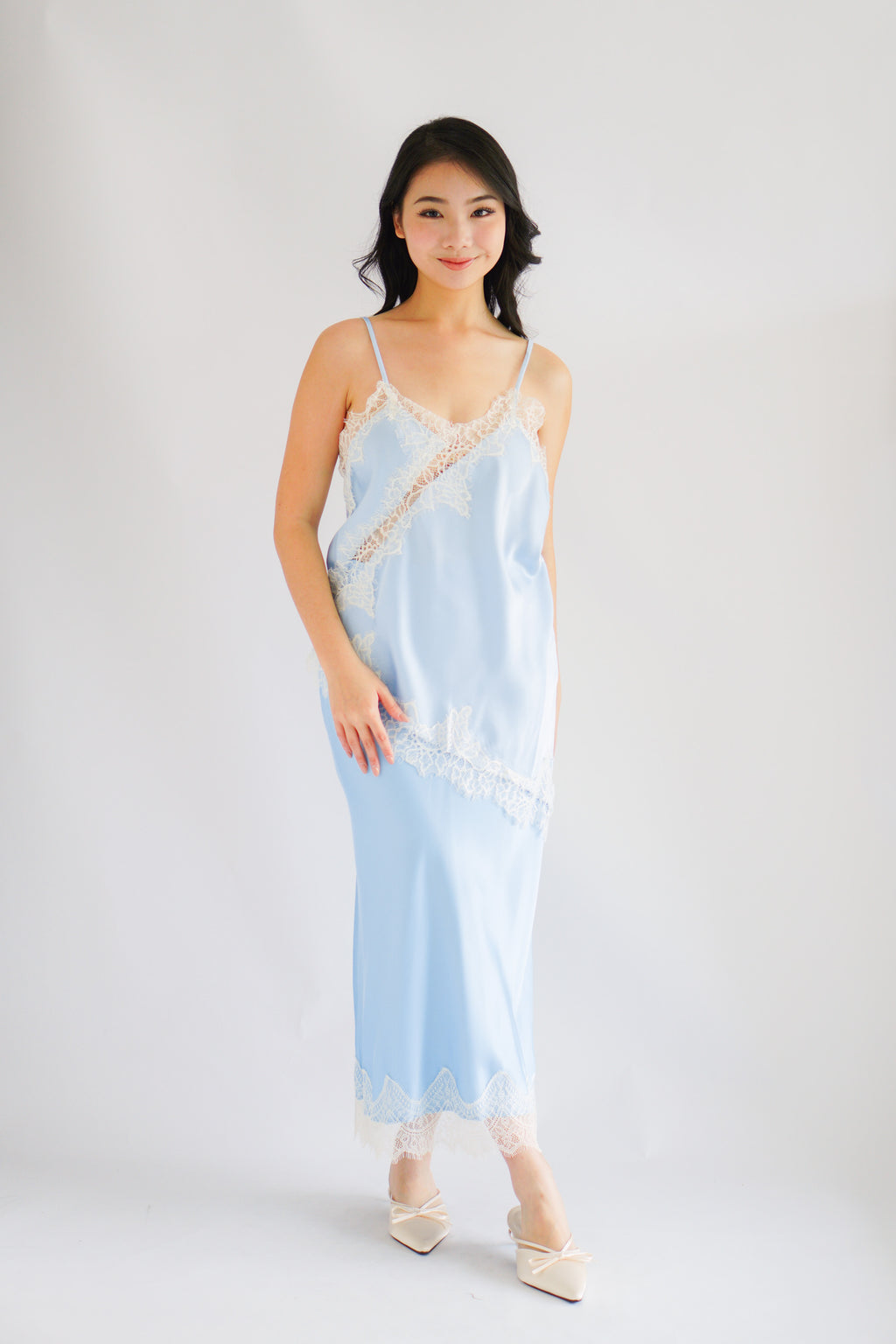 Zilana Lace Satin Skirt in Blue