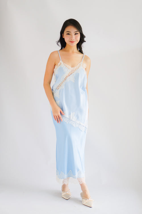 Zilana Lace Satin Skirt in Blue