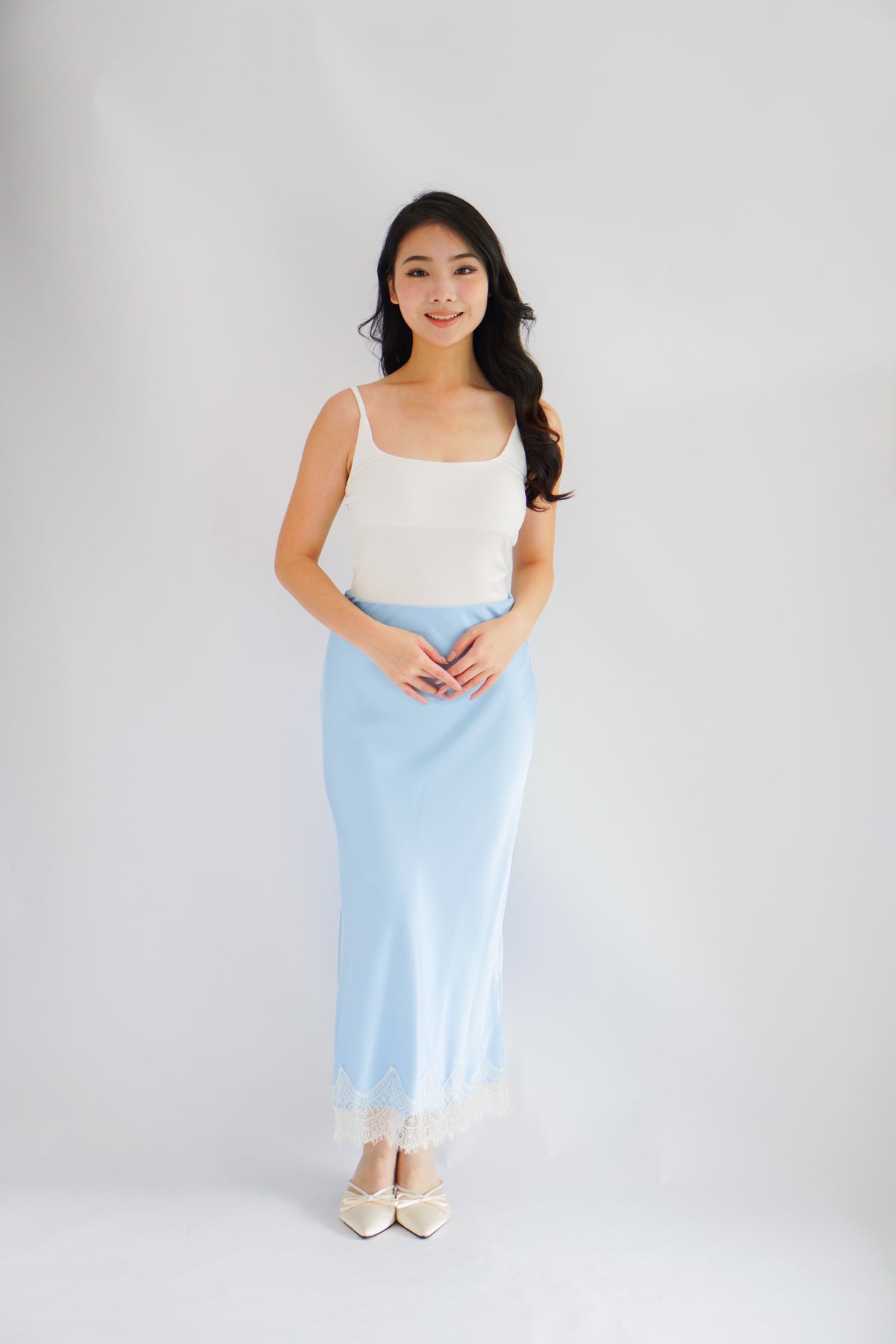 Zilana Lace Satin Skirt in Blue