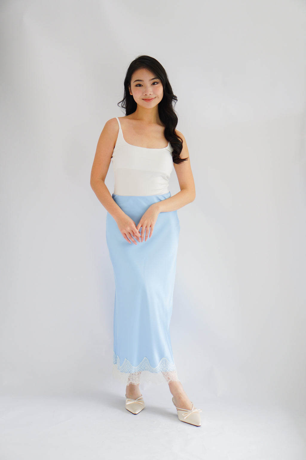 Zilana Lace Satin Skirt in Blue