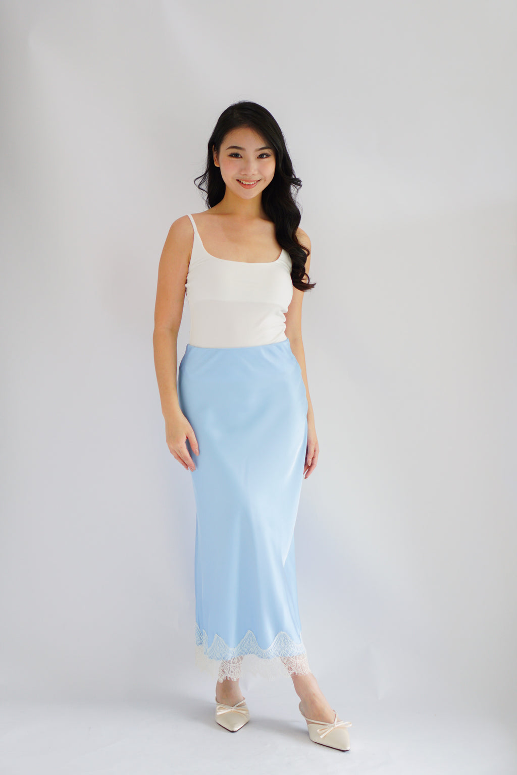Zilana Lace Satin Skirt in Blue