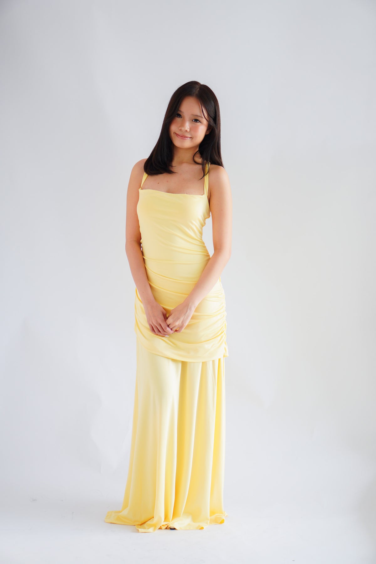 Waverly Ruched Drape Crossback Maxi Dress in Yellow