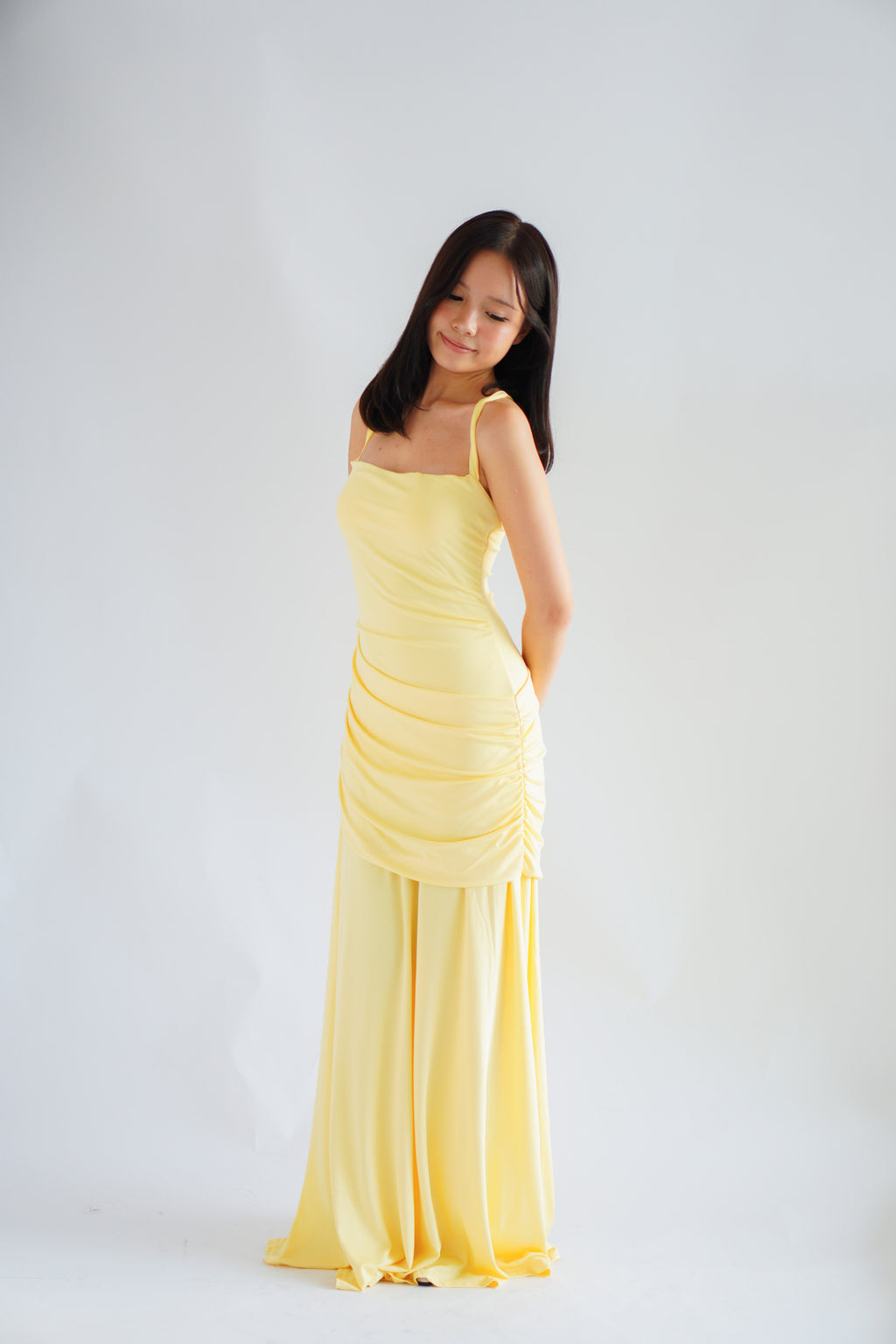 Waverly Ruched Drape Crossback Maxi Dress in Yellow