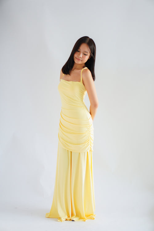 Waverly Ruched Drape Crossback Maxi Dress in Yellow