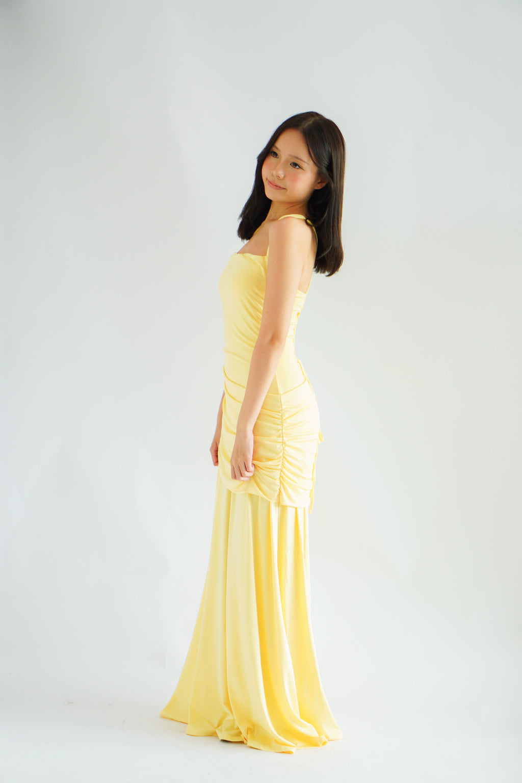 Waverly Ruched Drape Crossback Maxi Dress in Yellow