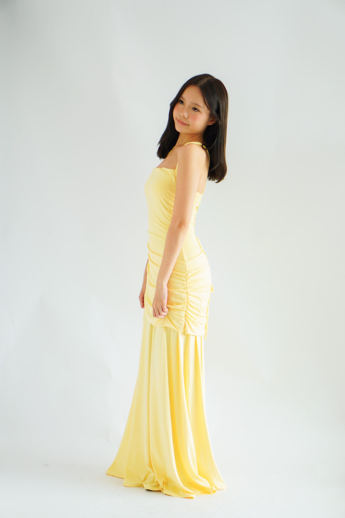 Waverly Ruched Drape Crossback Maxi Dress in Yellow