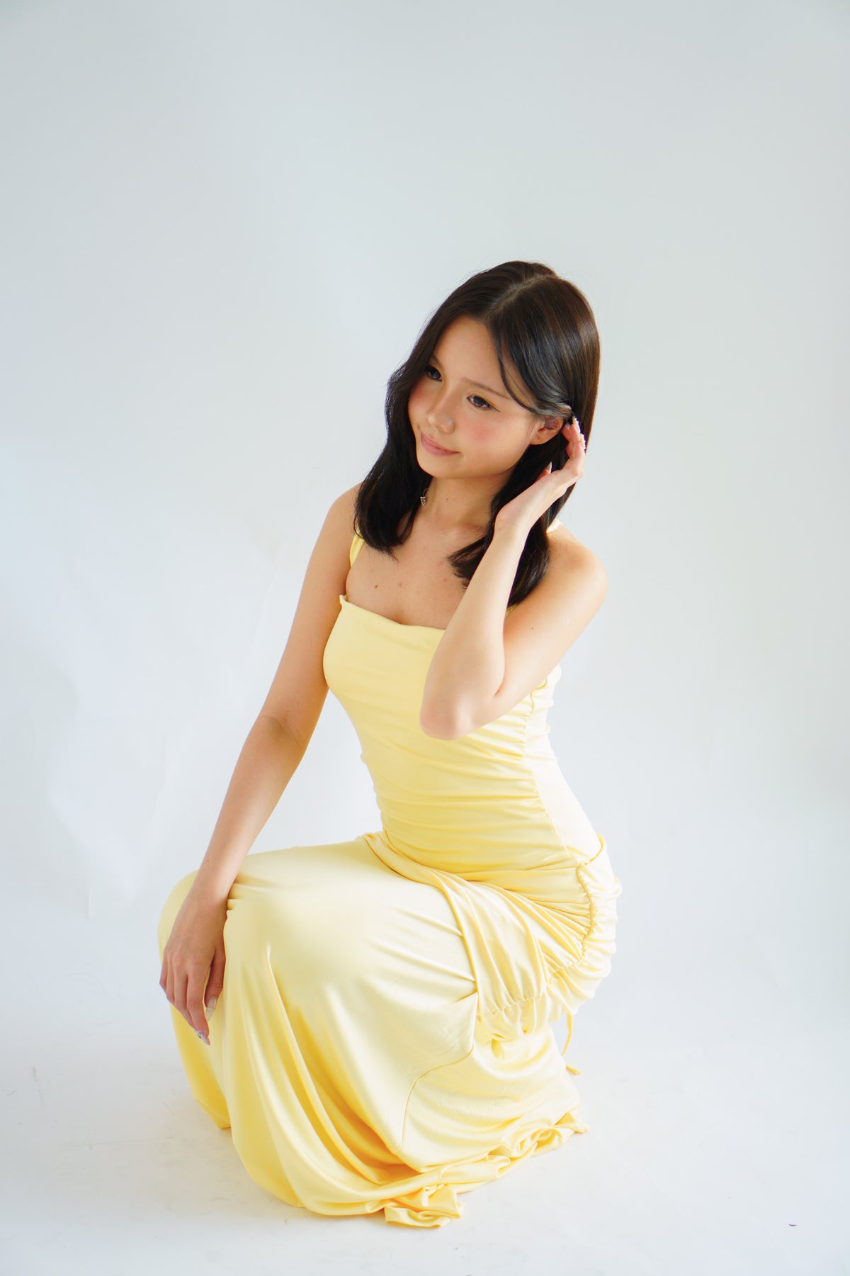Waverly Ruched Drape Crossback Maxi Dress in Yellow