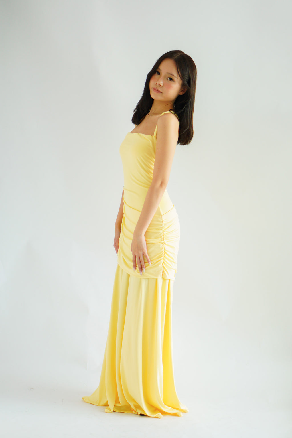 Waverly Ruched Drape Crossback Maxi Dress in Yellow