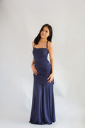 Waverly Ruched Drape Crossback Maxi Dress in Dark Blue