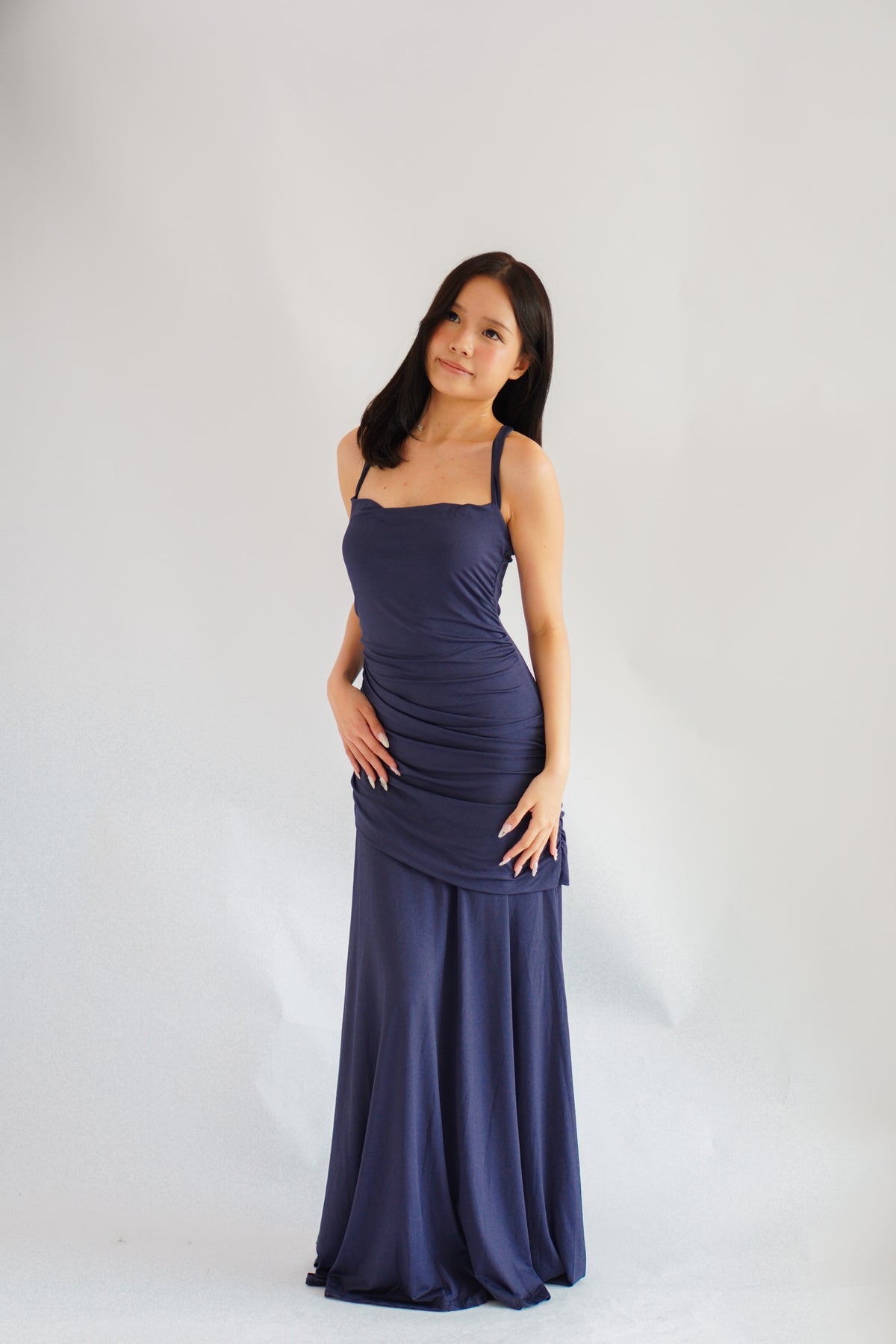 Waverly Ruched Drape Crossback Maxi Dress in Dark Blue