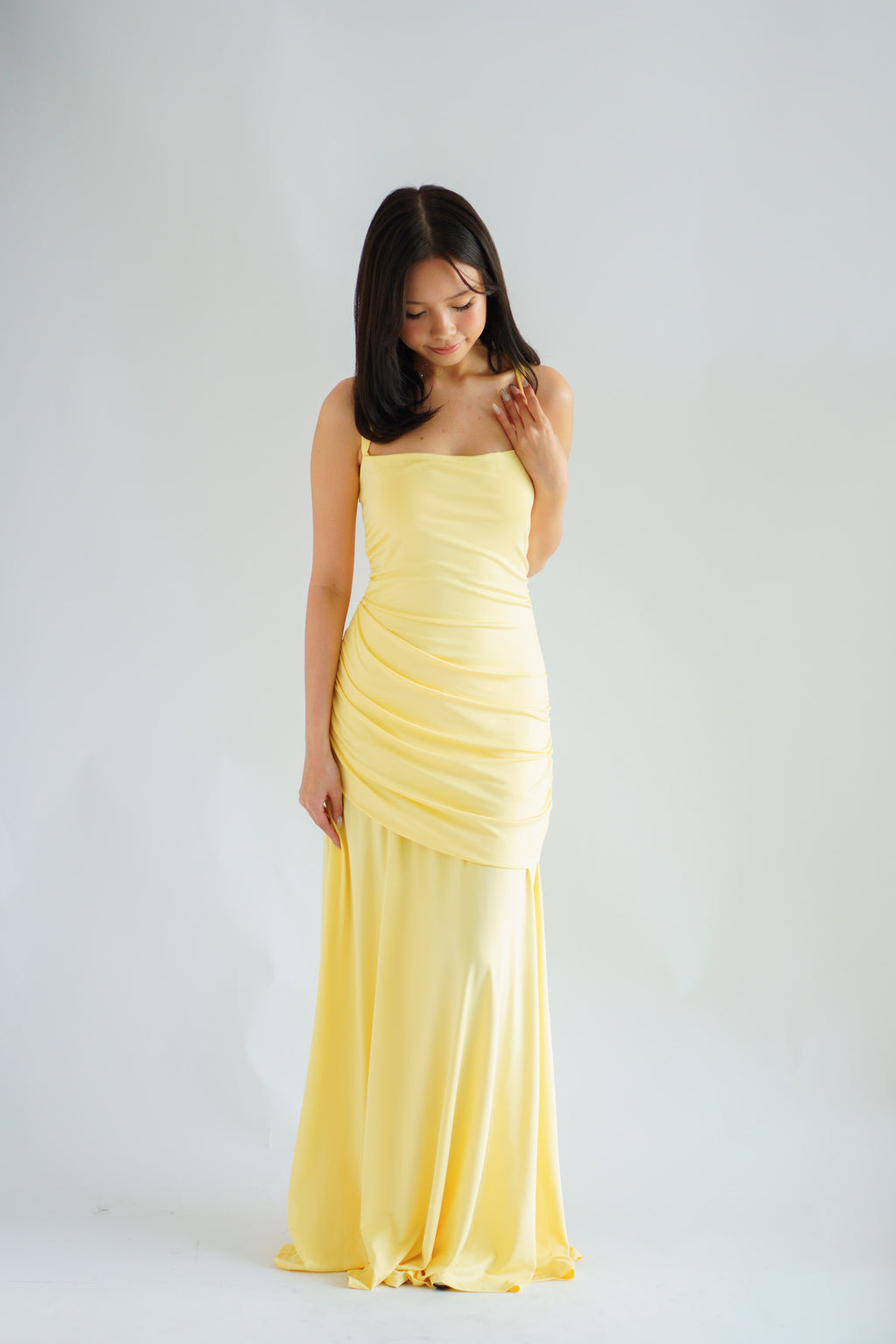 Waverly Ruched Drape Crossback Maxi Dress in Yellow