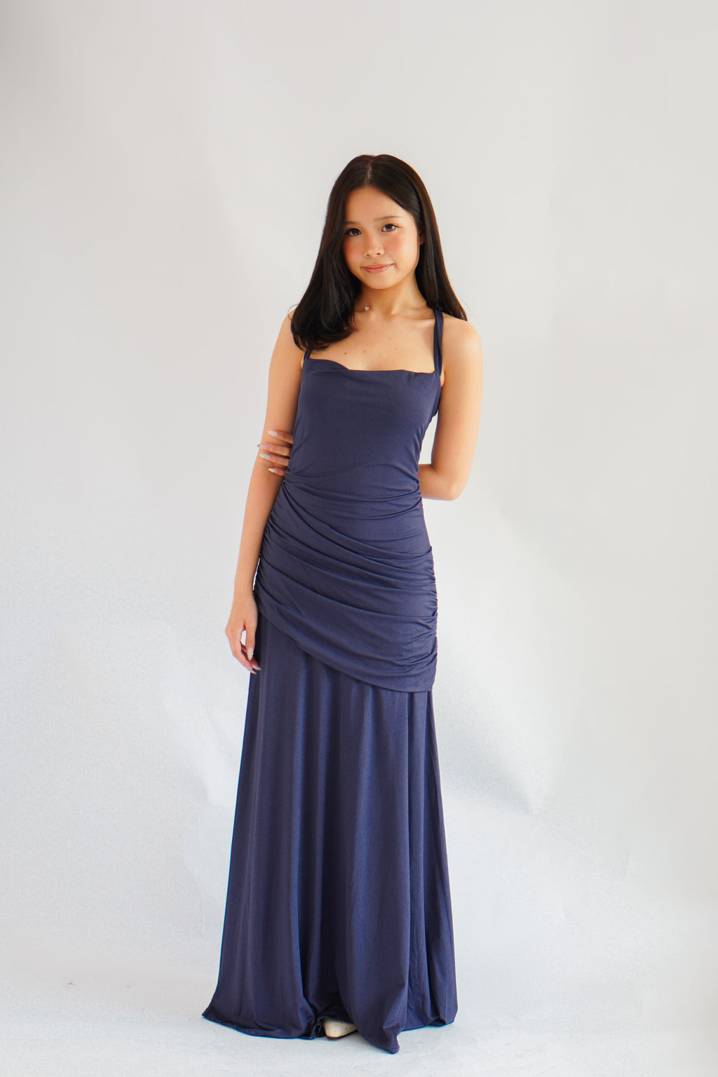 Waverly Ruched Drape Crossback Maxi Dress in Dark Blue