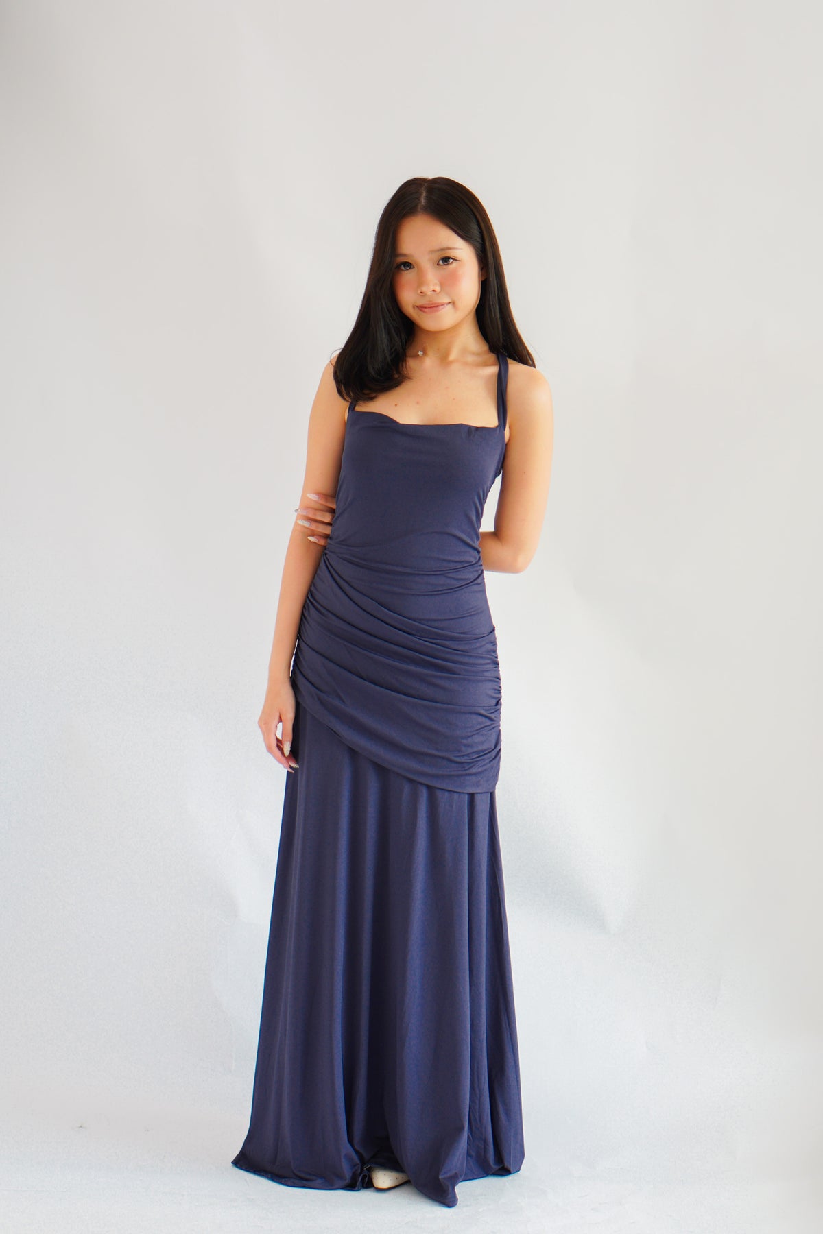 Waverly Ruched Drape Crossback Maxi Dress in Dark Blue