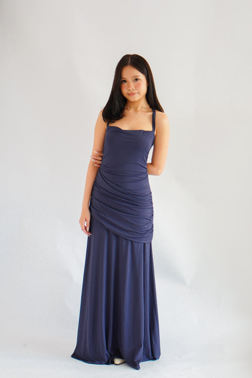 Waverly Ruched Drape Crossback Maxi Dress in Dark Blue