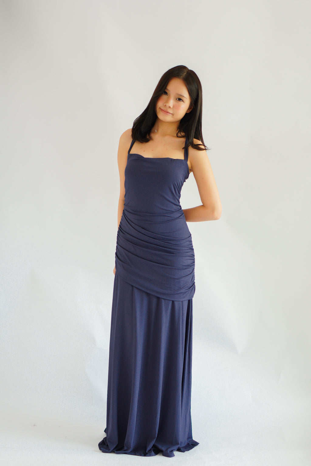 Waverly Ruched Drape Crossback Maxi Dress in Dark Blue