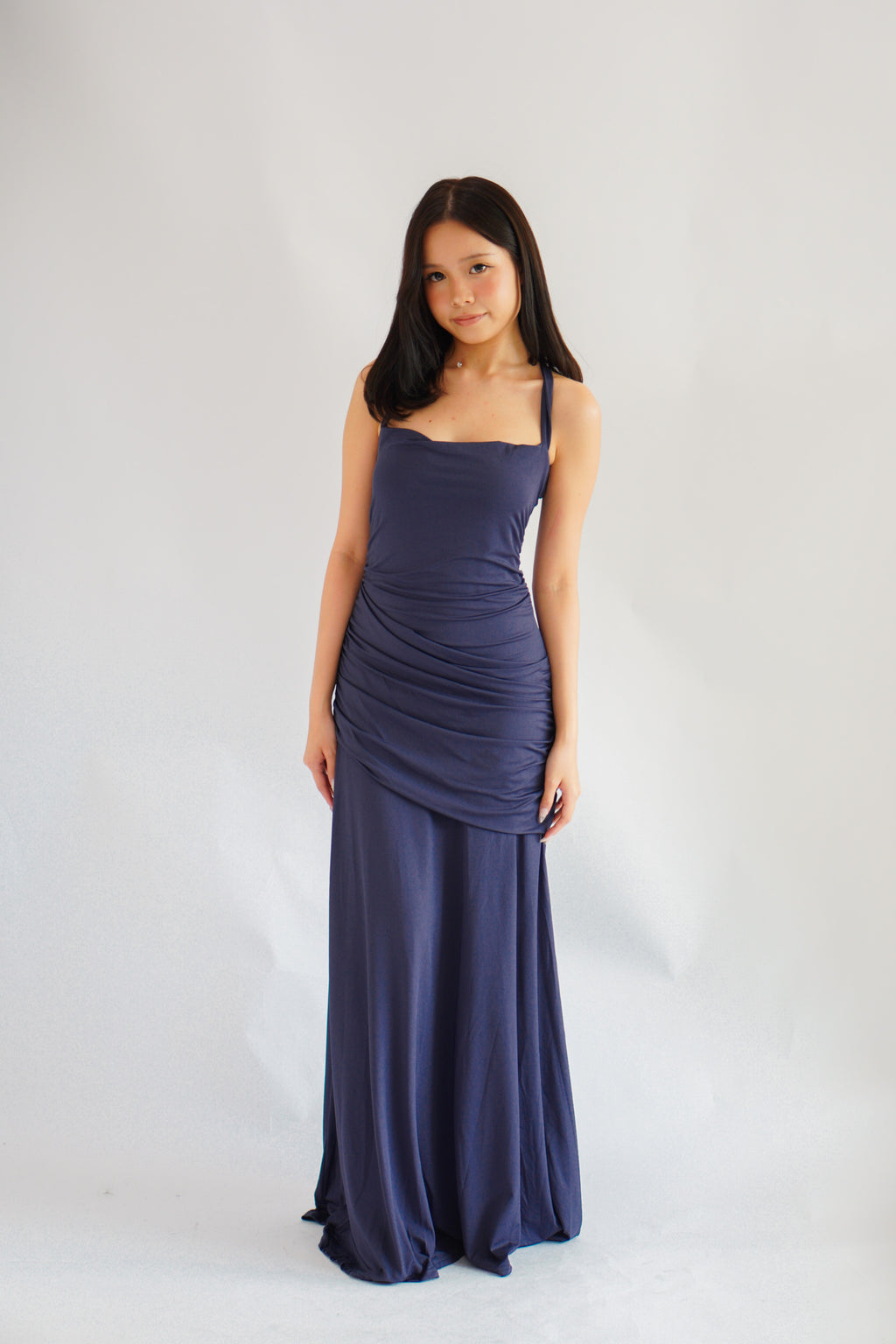 Waverly Ruched Drape Crossback Maxi Dress in Dark Blue