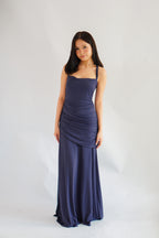 Waverly Ruched Drape Crossback Maxi Dress in Dark Blue